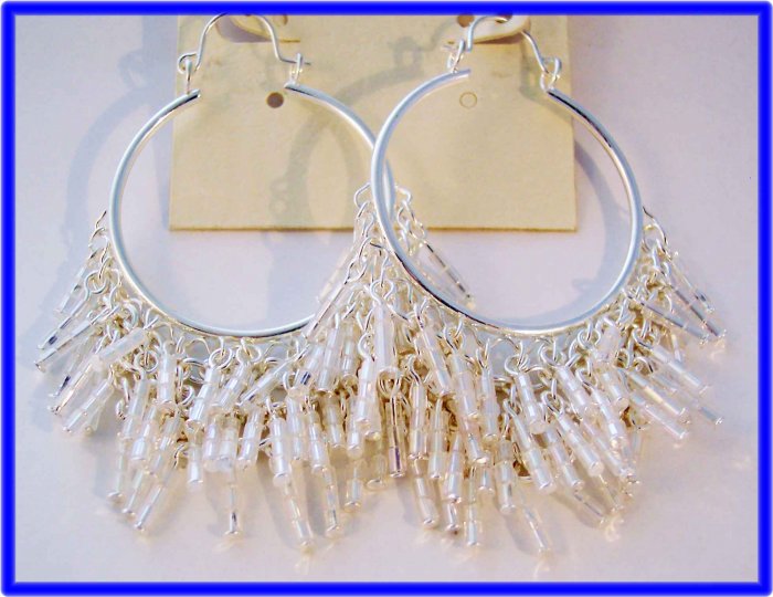 END OF SEASON CLEARANCE white fringe silvertone hoop earrings 2.5"