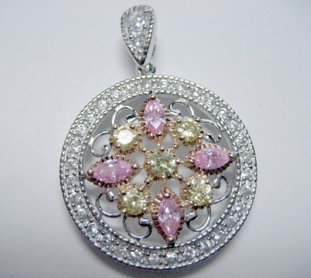 Springtime sparkling pink yellow white czs medallion pendant