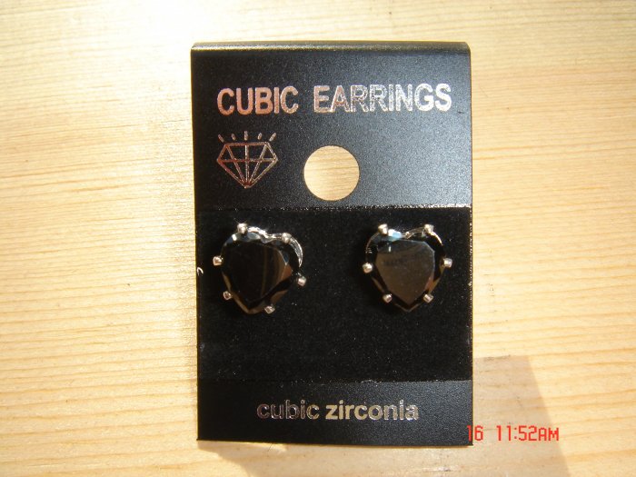 Genuine 925 Silver Black Cubic Zirconia Heart shape cut 8 MM Stud Earrings