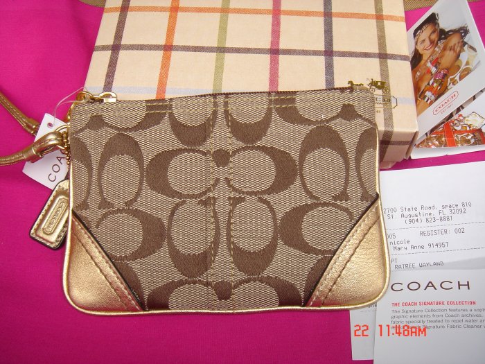 COACH Signature Gold Coin Purse Zip BAG Clutch WALLET w/Receipt