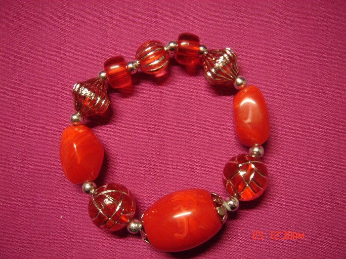 Real Ruby Red Marble and Acrylic Bead Stretch Bracelet**