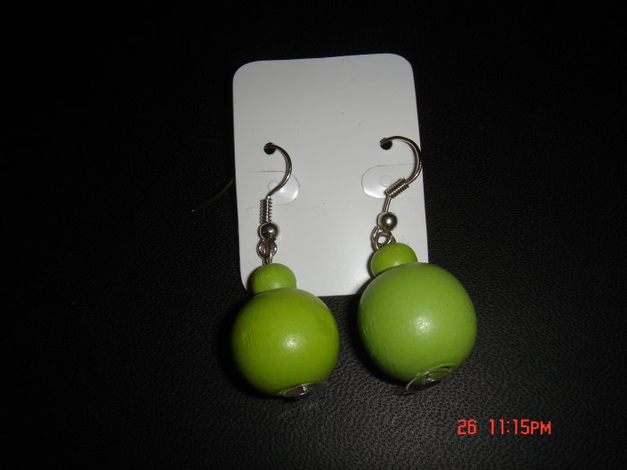 Promotional Price*Green Wood Bead 925 hook Dangle Earrings on Card**