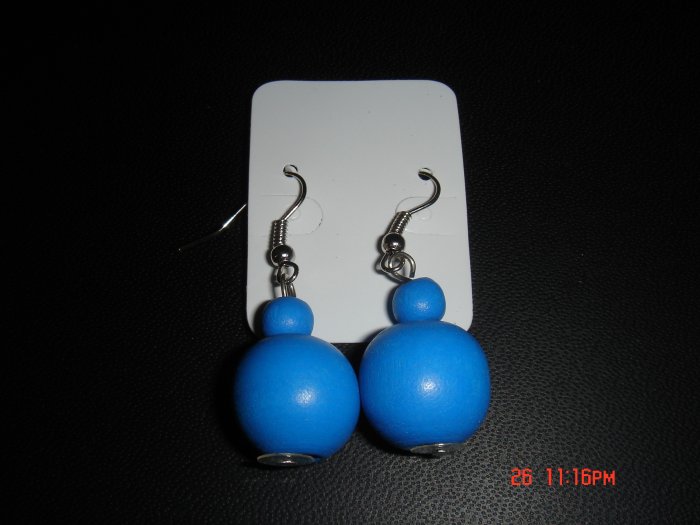 Promotional Price*Blue Wood Bead 925 hook Dangle Earrings on Card**