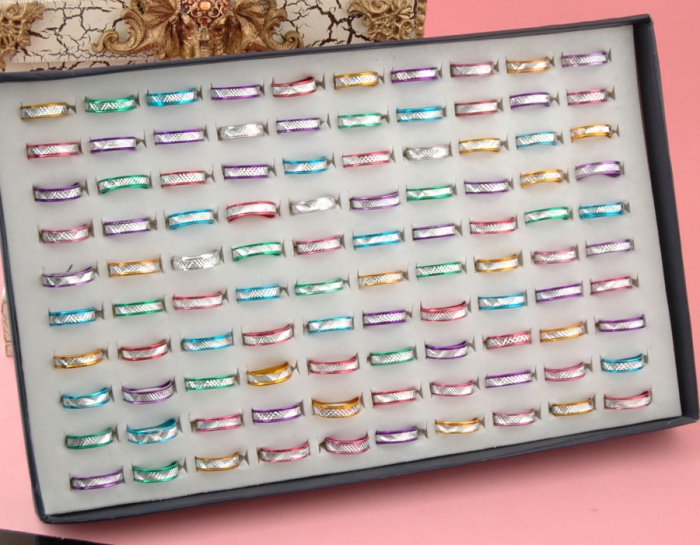1 Alloy Metal Color-Striped Silver Ring 16-19mm w/ Silver Foil Gift Box