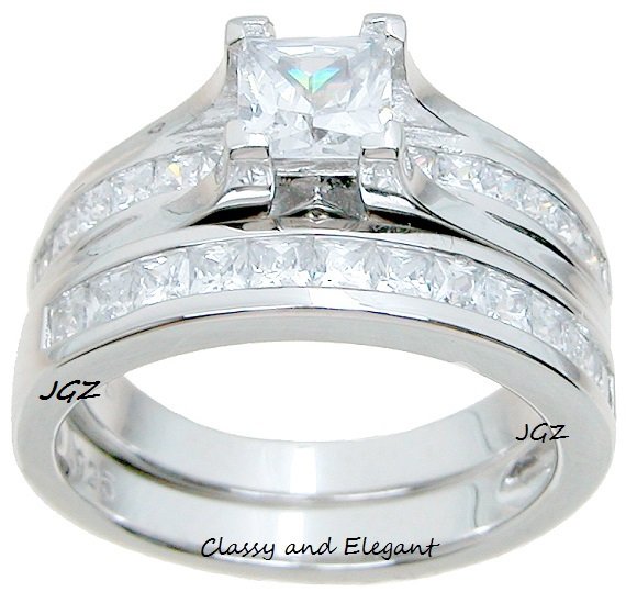 Engagement Ring set Classy Cathedral Princess cut design. Sz 5, 6, 7, 8, 9
