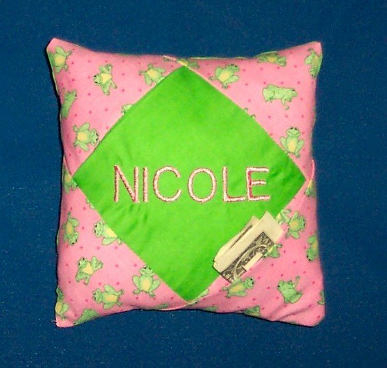 PERSONALIZED tooth fairy pillow PINK AND GREEN FROGS