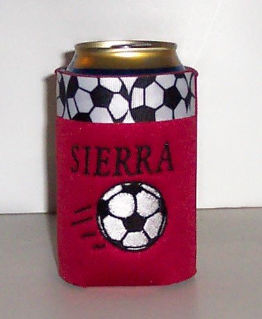 PERSONALIZED EMBROIDERED Koozie Can Soda cover wrap - SOCCER DESIGN!