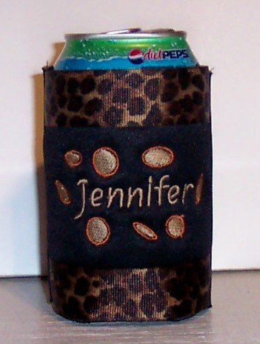 Personalized Embroidered Koozie Can Cover - Leopard Design!