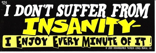 I DON'T SUFFER FROM INSANITY I ENJOY EVERY MINUTE OF IT! Bumper Sticker