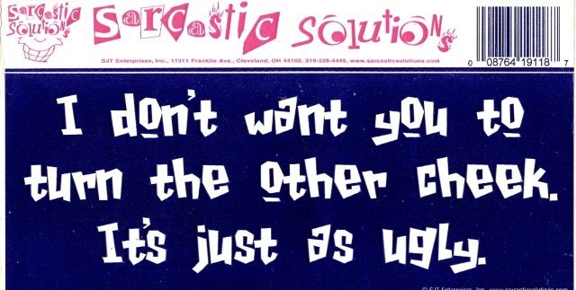 I don't want you to turn the other cheek. It's just as ugly. Bumper Sticker