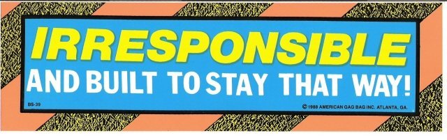 IRRESPONSIBLE AND BUILT TO STAY THAT WAY! Bumper Sticker