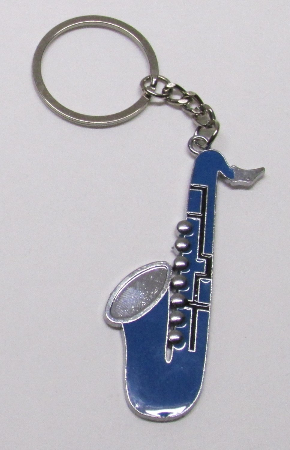 SAXOPHONE Blue Silver Plated Metal Alloy KEY CHAIN Ring Keychain NEW