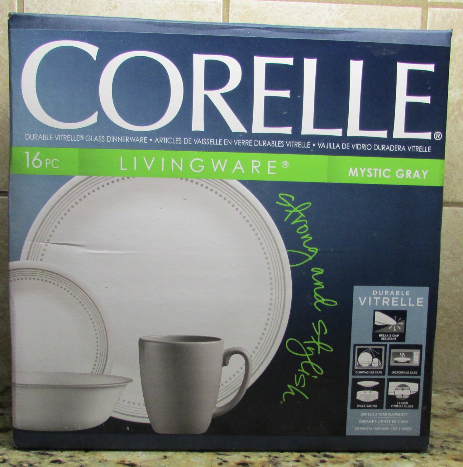 Corelle 16pc piece Round Dinnerware Set MYSTIC GREY Dishes Plates Cups NEW