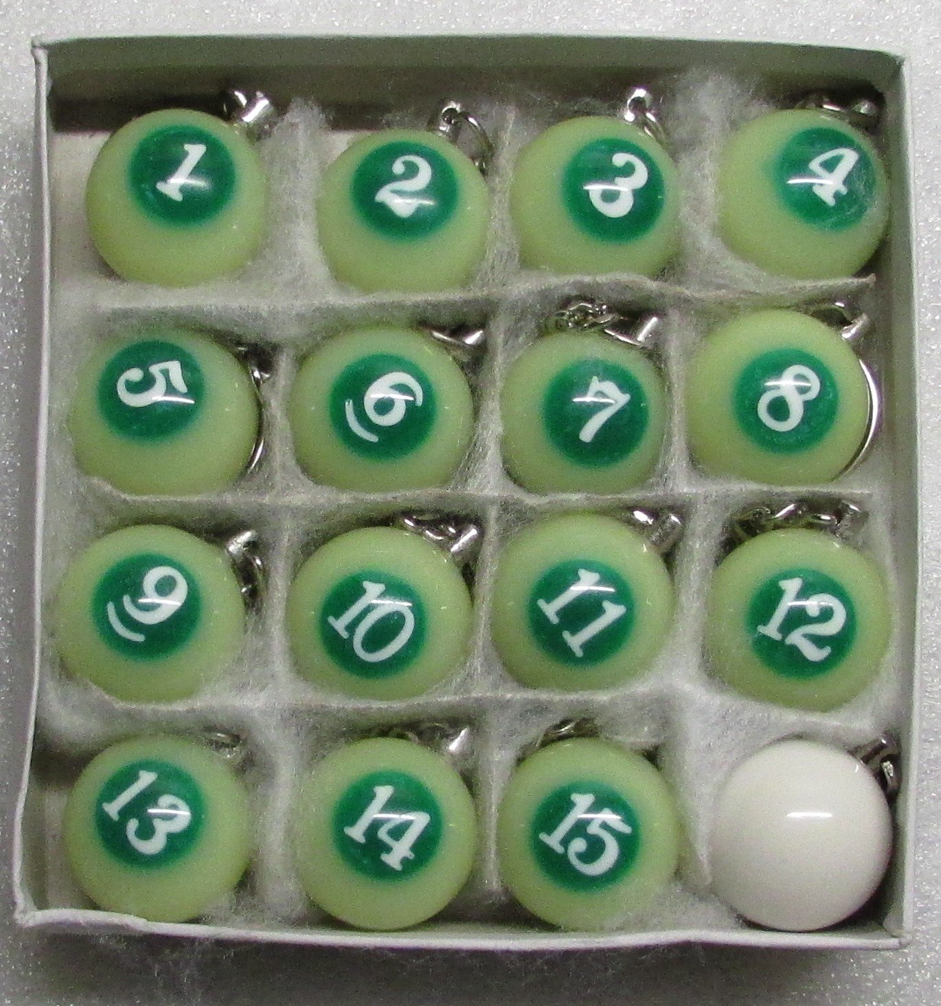 1 Inch w Cue Box of 16 Luminous POOL BALL Billiard KEYCHAIN Ring Key Chains NEW