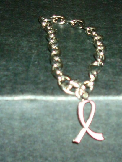 Silvertone Link Bracelet with Breast Cancer Ribbon Charm