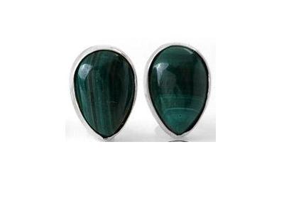 601618-3 Pear Cabochon Green Malachite Stud Sterling Silver Earrings