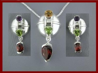 1704-1500 NEW Multi-gem Sterling Silver Earrings & Necklace Set
