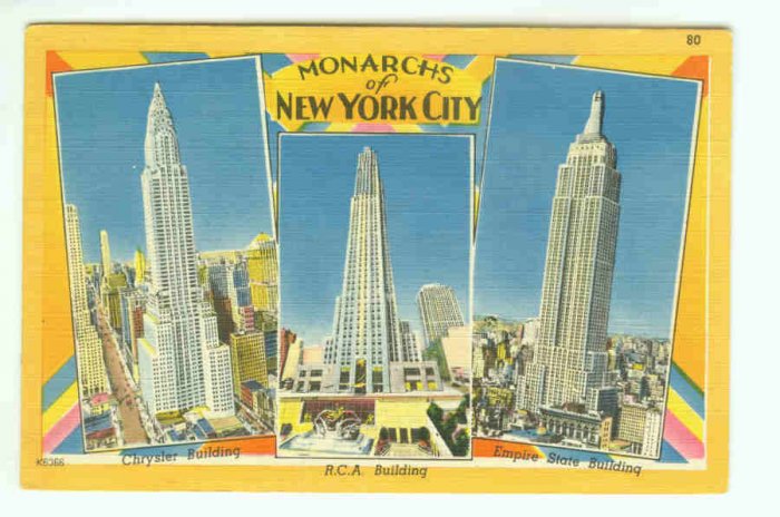 73680 NY New York City Vintage Postcard Monarchs Skyscraper Linen