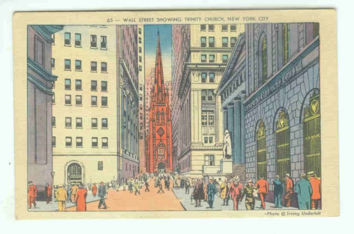 73692 NY New York City Vintage Postcard Wall Street Trinity Church