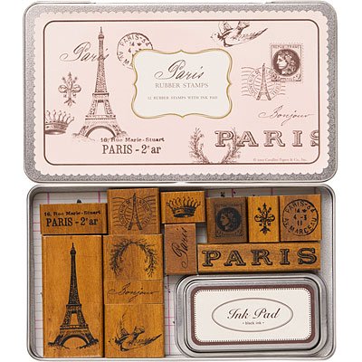 Paris Ruber Stamp Set in a Tin by Cavallini & Co. Wood Mounted Stamps