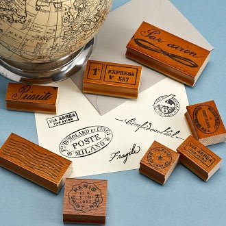 Vintage Par Avion Rubber Stamp Set by Cavallini & Co.12 wood mounted rubber stamps in tin box
