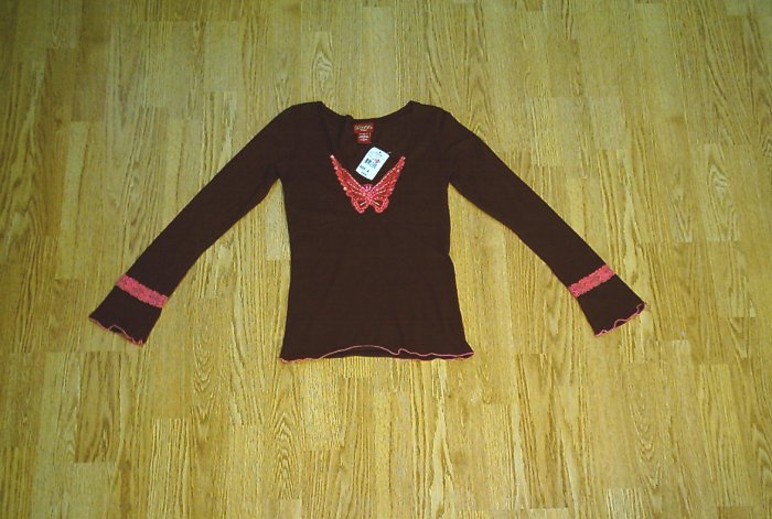 MUDD JEANS LONG SLEEVE BROWN BUTTERFLY SHIRT-MEDIUM-NWT