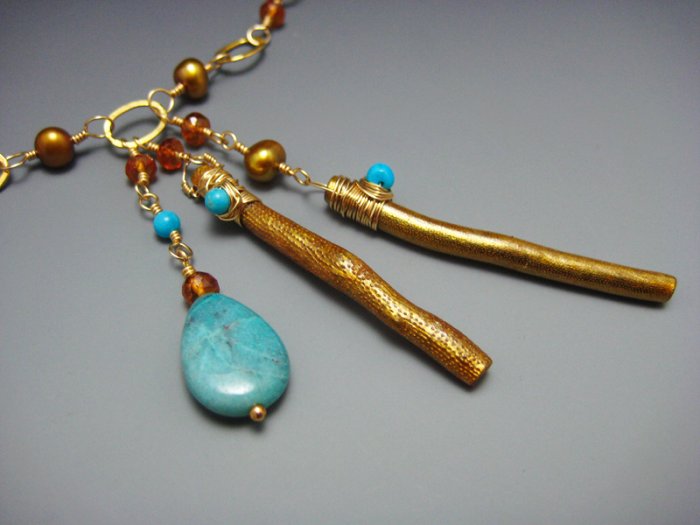 Blue Green Chrysocolla w Hessonite Garnet and Freshwater pearls necklace Artisan handmade jewelry