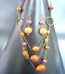 Orange Knit & Wood Beads Long Necklace Set 1N0806056