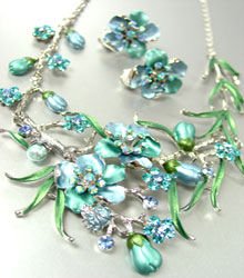 Blue Crystals Silver Floral Necklace Set 1N226147