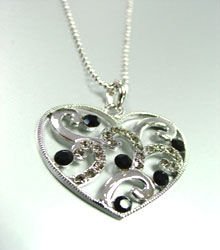 Black Crystals Silver Tone Heart Necklace 1N399122