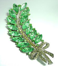 Large Green Lucite & Crystals Leaf Brooch / Pin 1BP1185256