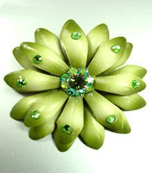 Green Crystals & Leather Flower Brooch