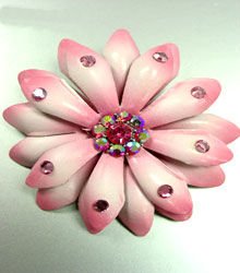 Pink Crystals & Leather Flower Brooch