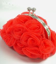 Red Satin Chiffon Rosettes Evening Bag Handbag 1400436