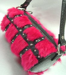 Pink Genuine Rabbit Fur Black Bag Handbag 14009317