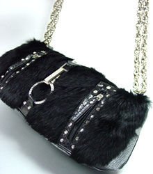 Crystal Accents Black Rabbit Fur Black Faux Alligator Bag 19327