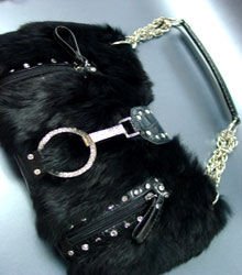 Crystal accents Black Rabbit Fur Black Petit HoBo Bag Handbag 19334
