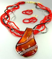 Red Murano Glass Beads Necklace Set 1N0808594