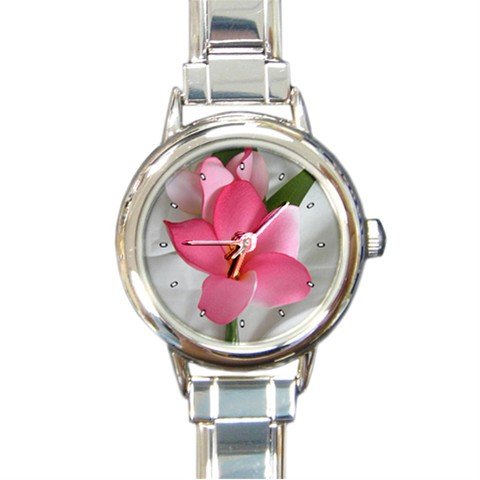 Pink Frangipani Flower Round Italian Charm Wrist Watch 221