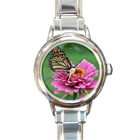 Butterfly Stop Pink Zinnia Fly Round Italian Charm Wrist Watch 226