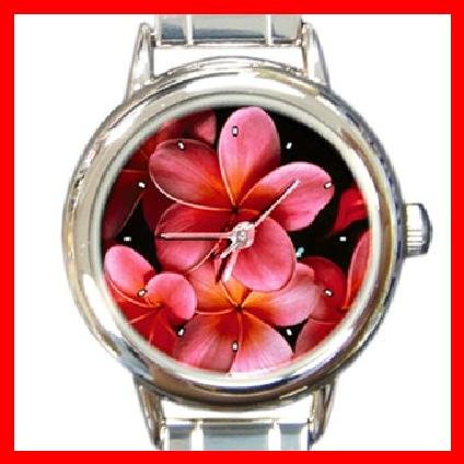 Pink Plumerias Frangipani Flower Round Italian Charm Wrist Watch 275