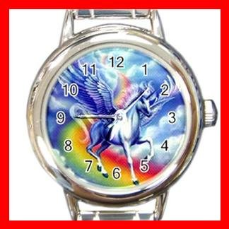 Flying Unicorn Myth Rainbow Round Italian Charm Wrist Watch 355