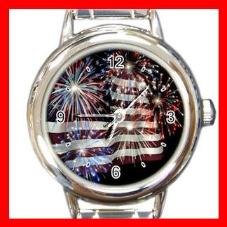 Fireworks American Flag Patriotic Round Italian Charm Wrist Watch 450