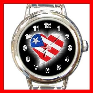 AMERICAN FLAG HEART Patriotic Round Italian Charm Wrist Watch 490