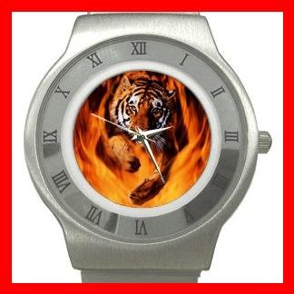 Bengal Tiger Jumping Flames Animal Stainless Steel Wrist Watch Unisex 020