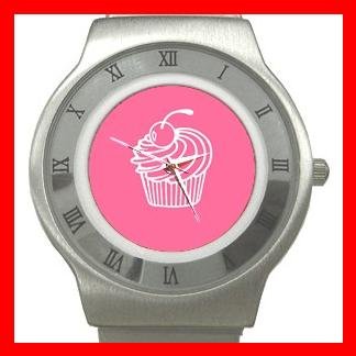 Pink Cup Cakes Dessert Stainless Steel Wrist Watch Unisex 035