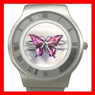 Pink Butterfly Fly Insect Stainless Steel Wrist Watch Unisex 044
