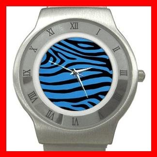 Blue Black Zebra Skin Print Stainless Steel Wrist Watch Unisex 046