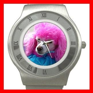 Pink Hair Poodle Dog Pet Stainless Steel Wrist Watch Unisex 050