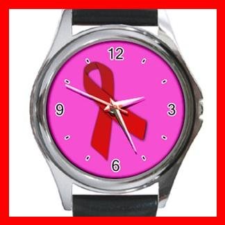 Red Ribbon Round Metal Wrist Watch Unisex 038